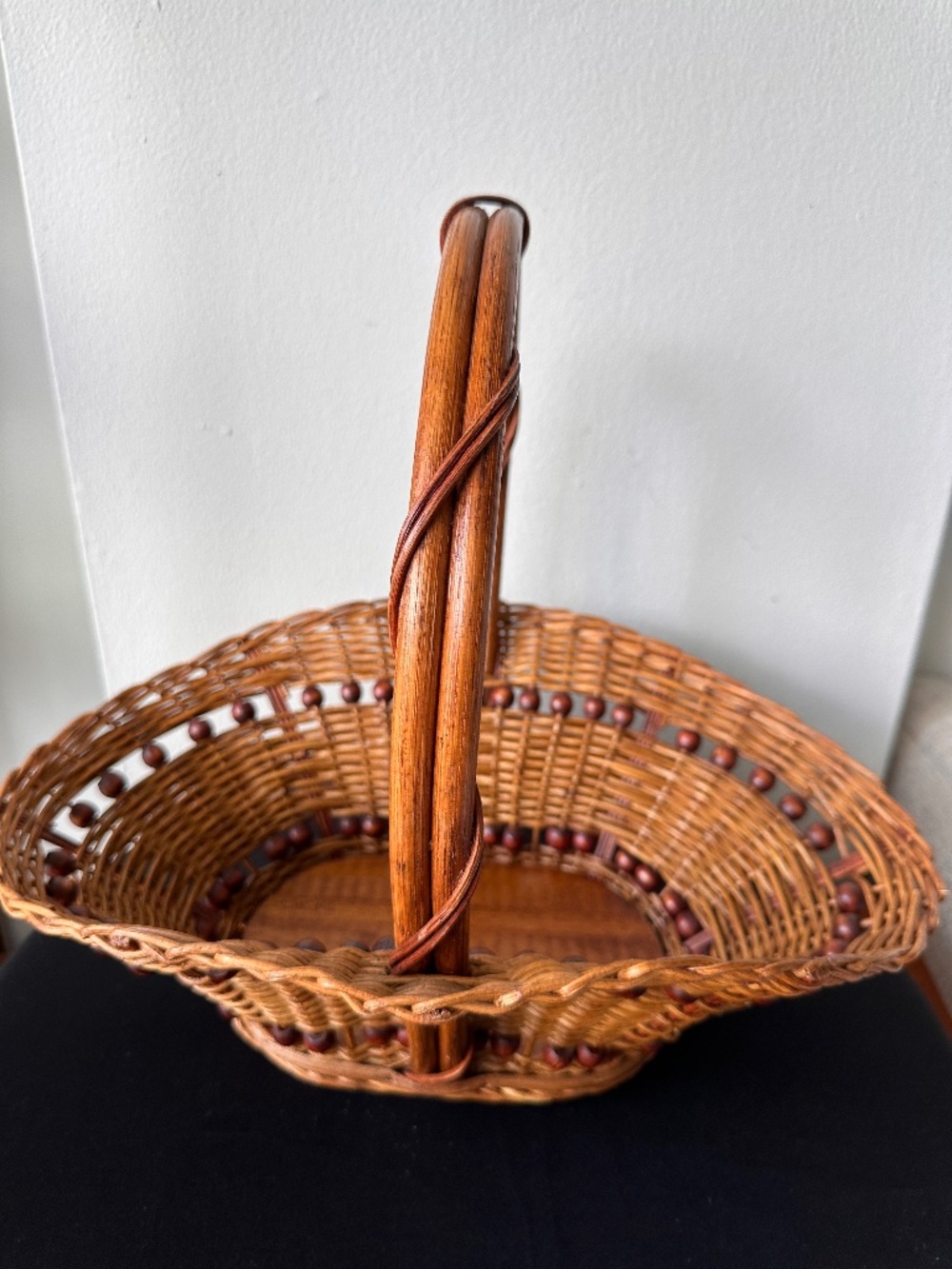 Vintage Wicker Basket with Handle Wood Bead Trim Rustic Decor
